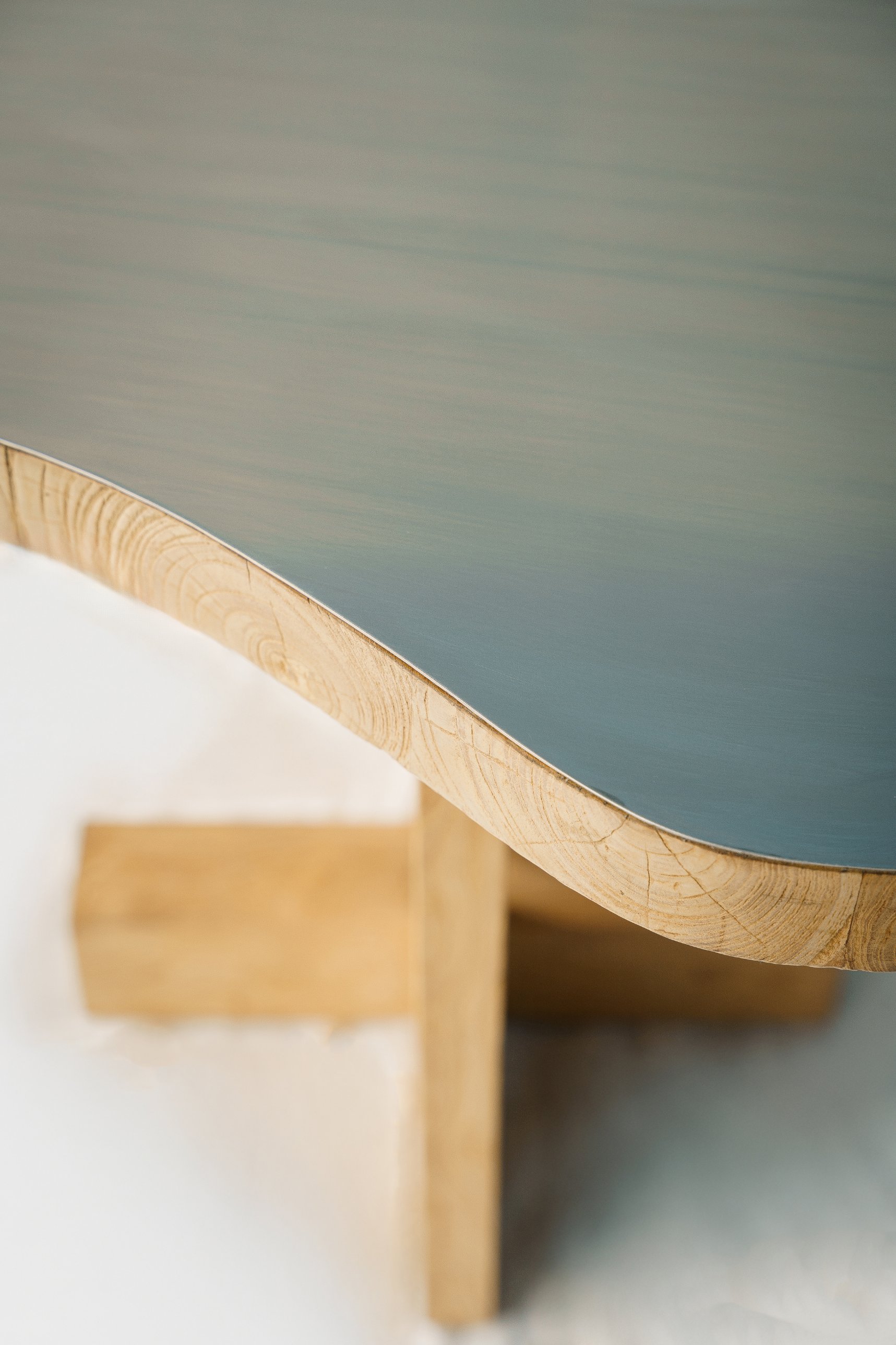 Close view of the brushed steel top meeting the wood edge and its growth rings